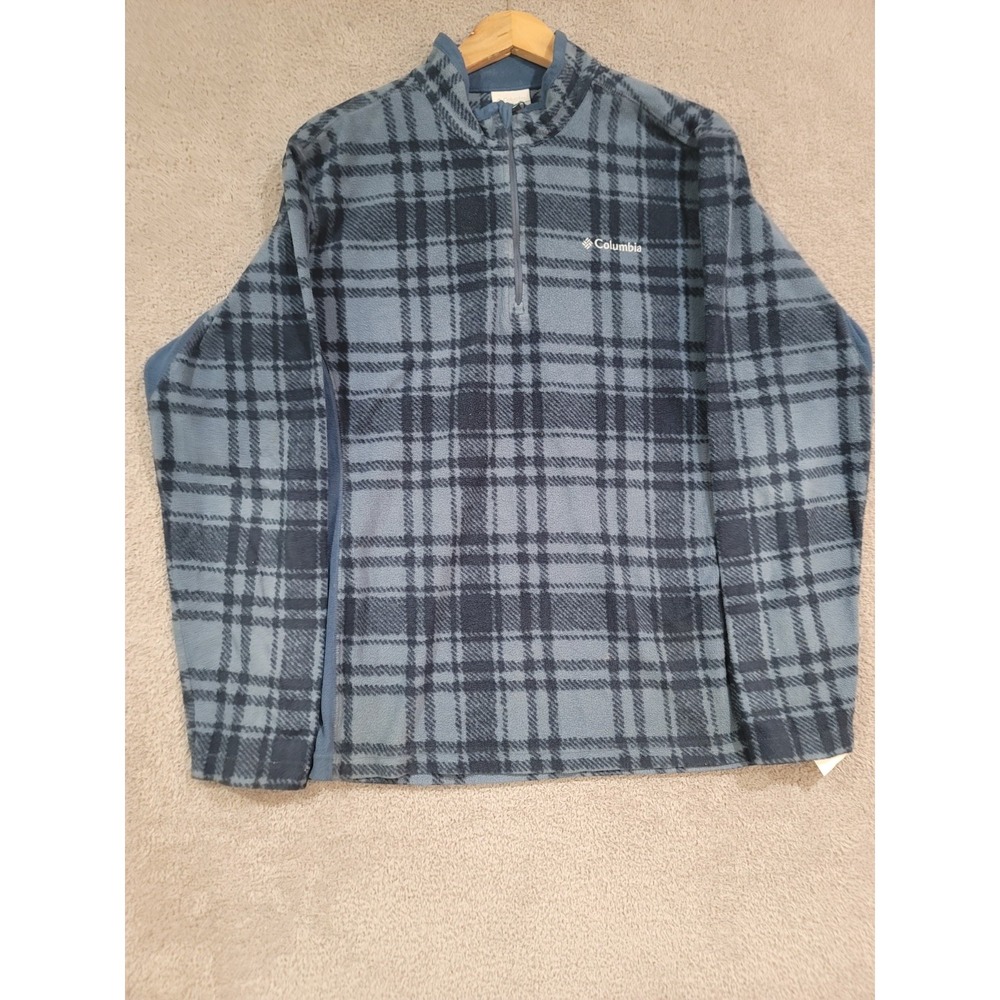 Columbia Mens M Fleece Pullover Blue Gray Plaid Quarter Zip Mock‎ Neck Outdoor